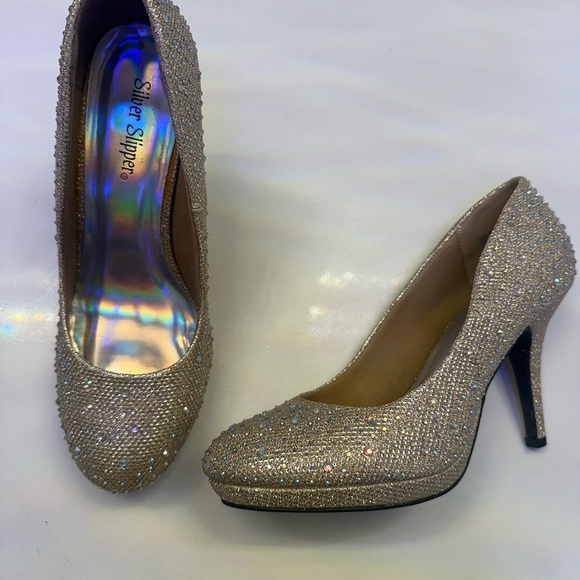 silver slippers Shoes - Women's Glitter Heels NEVER WORN!